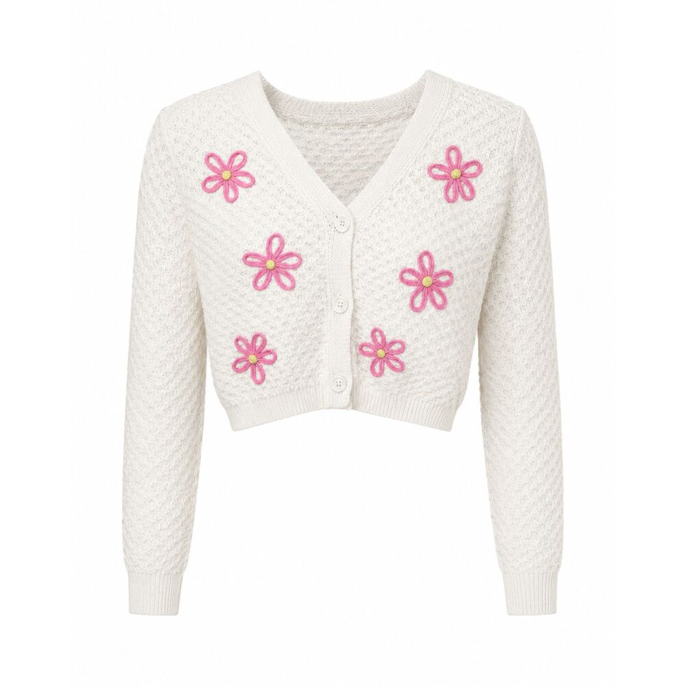 Willow & Wind Cropped Cardigan Sweater Pink Flower Applique Size Small